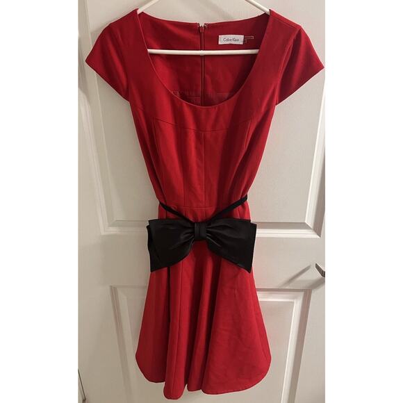 Calvin Klein Women's Short-sleeve Belted Bow Dress Size 10 Red Black Classic EUC - Picture 3 of 6